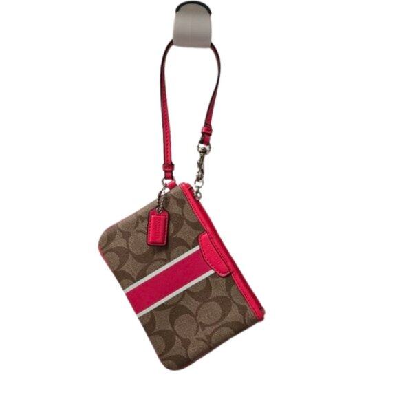 Coach Signature Stripe Patent Leather Trim Wristlet Pouch Clutch Brown Pink - Picture 1 of 6